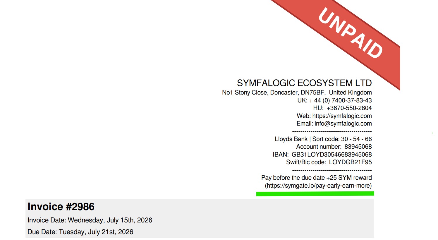 New Symfalogic pro forma invoice showing the +25 SYM Reward notice