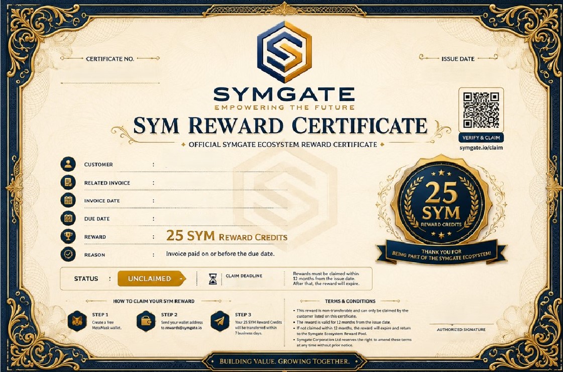 Example of a Symfalogic SYM Reward certificate